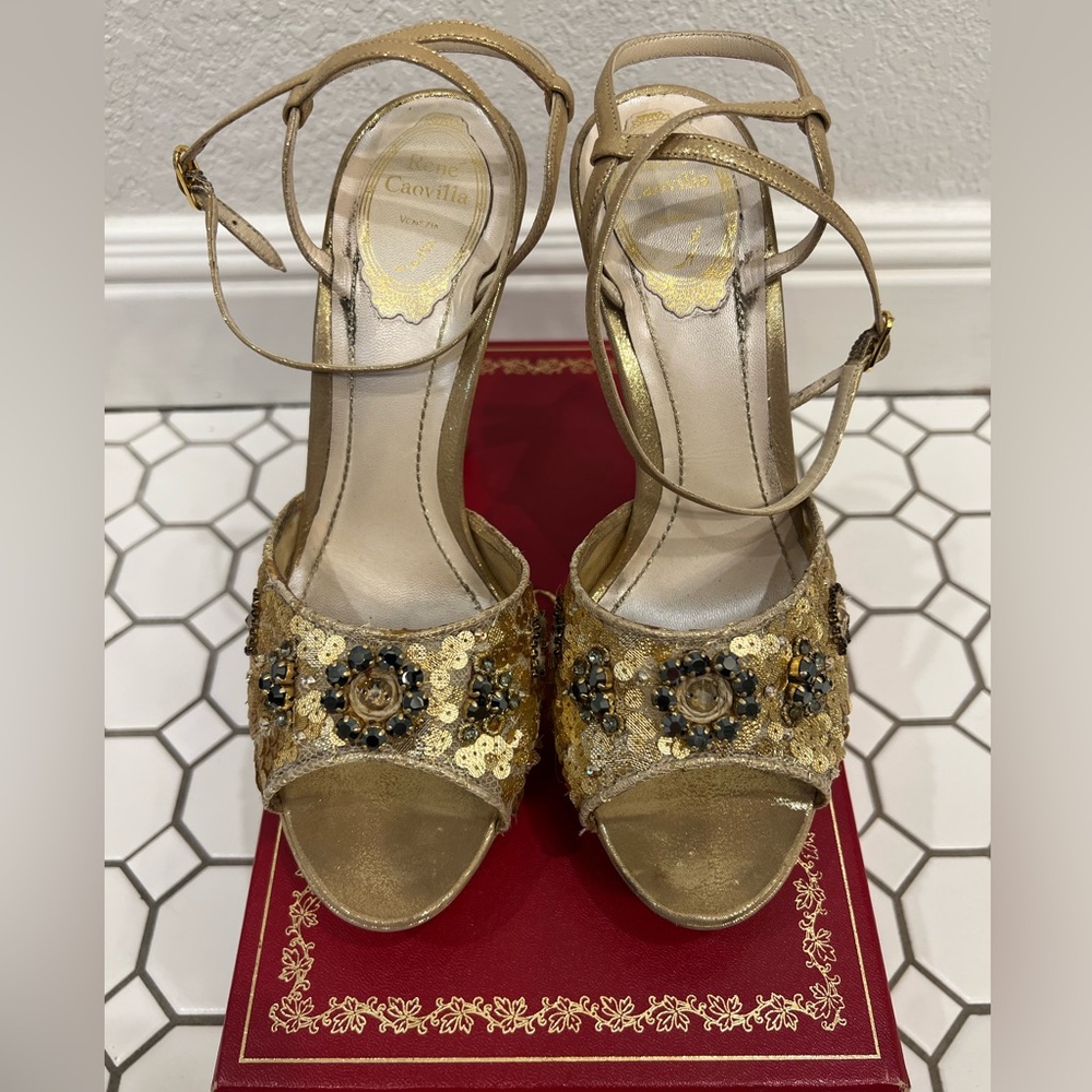 Rene Caovilla Gold Embellished Heels Size EU 39